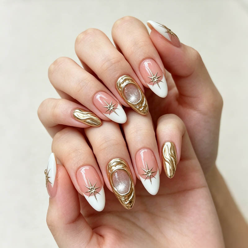 Celestial Elegance Medium Almond White and Gold Press-On Nail Set with Star Accents
