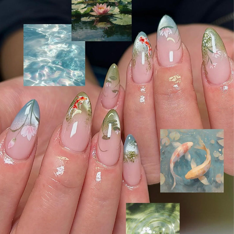 Serene Waters Medium Almond Green Floral Nail Set