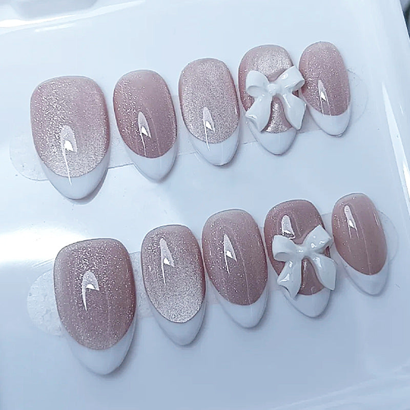 Chic Elegance Medium Almond Pink Shimmer with Charming Bow Press On Nail Set