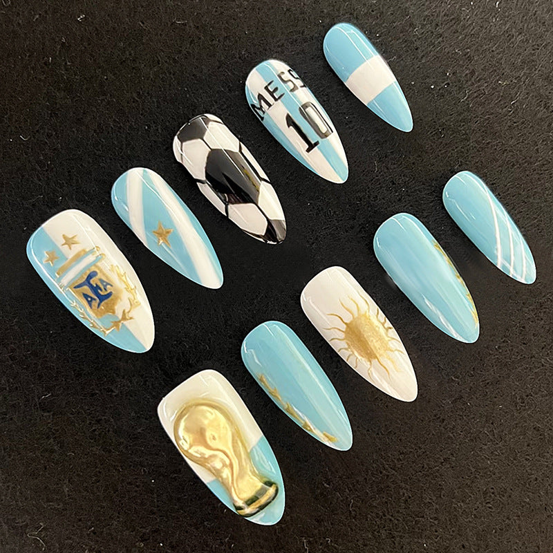 Soccer Inspired Long Almond Light Blue with Golden Accents Press on Nail Set