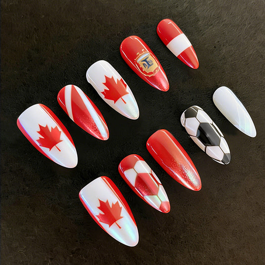 Canada Inspired Stunning Long Almond Red White Ombre with Maple Leaf and Soccer Designs Press On Nail Set
