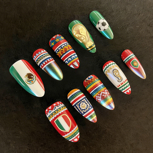 World Cup Spirit Festive Long Almond Colorful with Team Inspired Designs Press On Nail Set