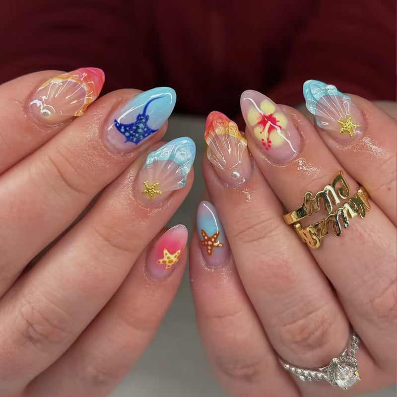 Ocean Inspired Medium Almond Press On Nail Set with Shell and Starfish Designs