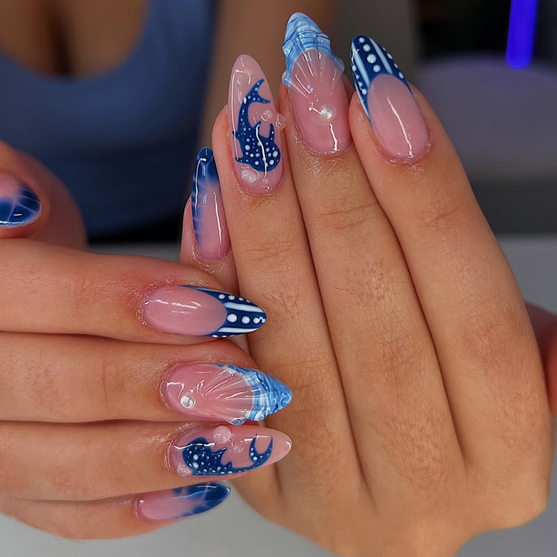 Ocean Breeze Medium Almond Blue Press on Nail Set with Unique Wave Design