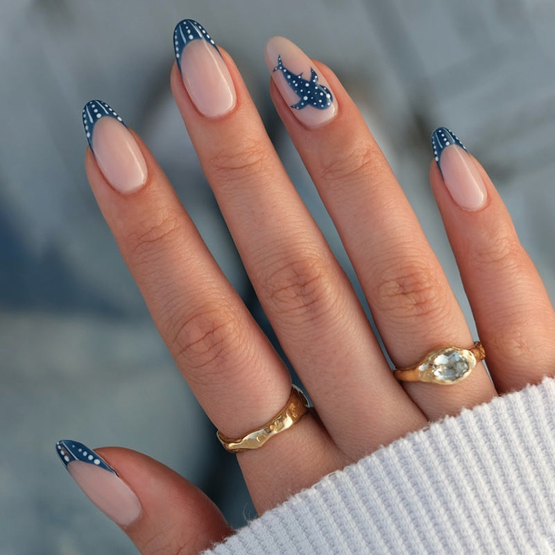 Ocean Breeze Medium Almond Navy Blue Press On Nail Set with Unique Whale Design