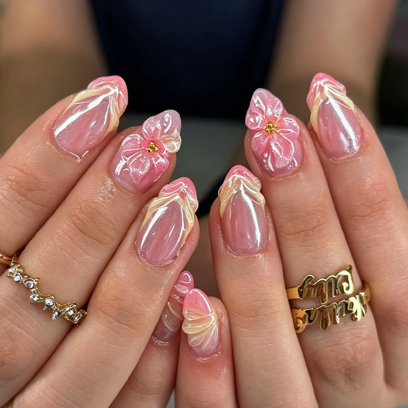 Blossom Elegance Long Almond Pink Floral Imprint Press On Nail Set