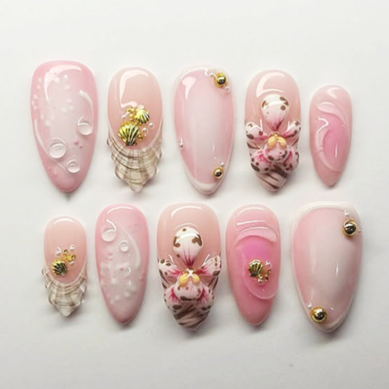 Coastal Charm Medium Almond Pink Press-On Nail Set with Floral Accents