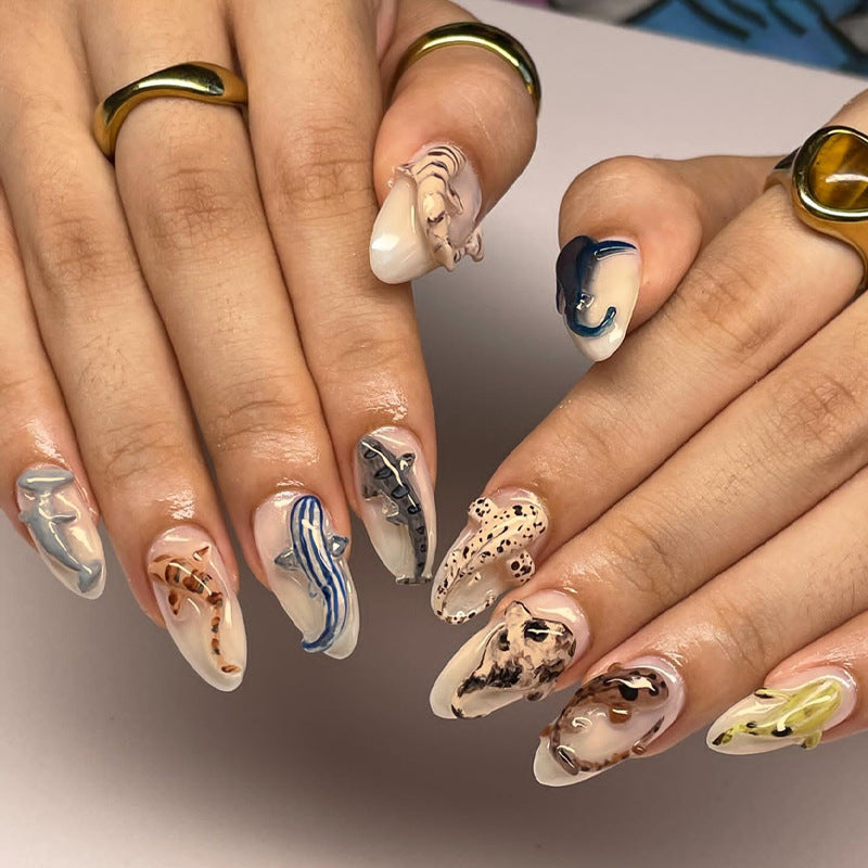 Oceanic Dream Long Almond Multicolored Artistic Nail Press Set