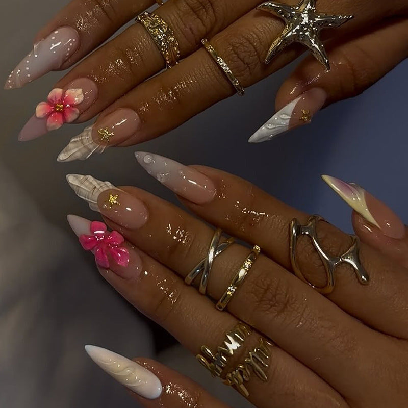 Tropical Vibes Medium Almond Pink and White Floral Design Press on Nail Set
