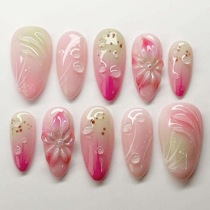Blossom Beauty Medium Almond Pink Gradient Floral Press-On Nail Set