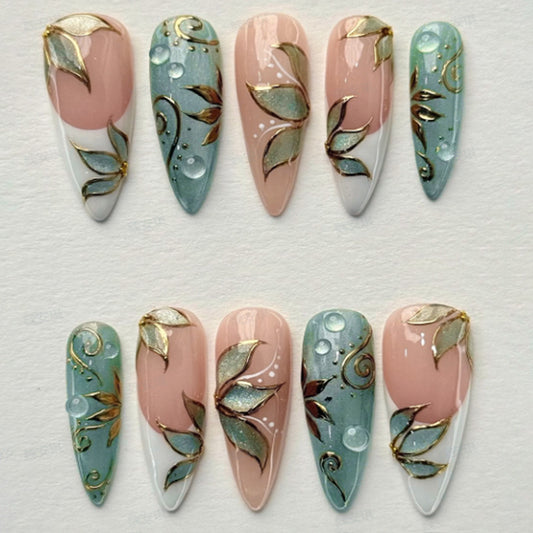 Botanical Dream Medium Almond Green and Pink Floral Design Press On Nail Set