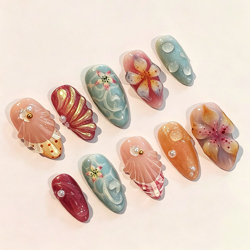 Oceanic Dream Medium Almond Pastel Floral Accent Press On Nail Set