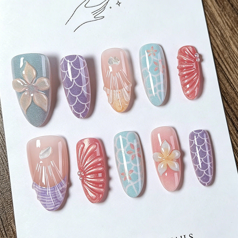 Ocean Breeze Long Almond Multicolored Floral Press On Nail Set