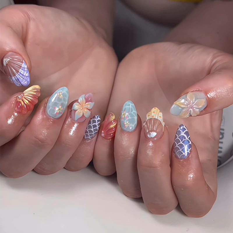 Ocean Breeze Medium Almond Colorful Floral Nail Set