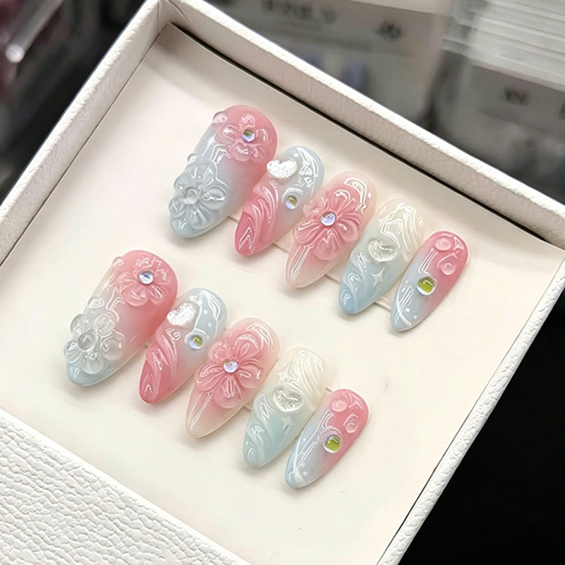 Blossoming Elegance Long Almond Pink and Blue Floral Press On Nail Set with Gemstone Accents