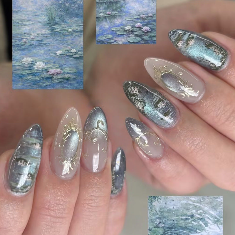 Artistic Serenity Medium Almond Blue Gold Foil Press On Nail Set