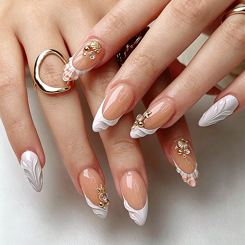 Ocean Breeze Long Almond Beige with Whimsical Shell Accents Press On Nail Set