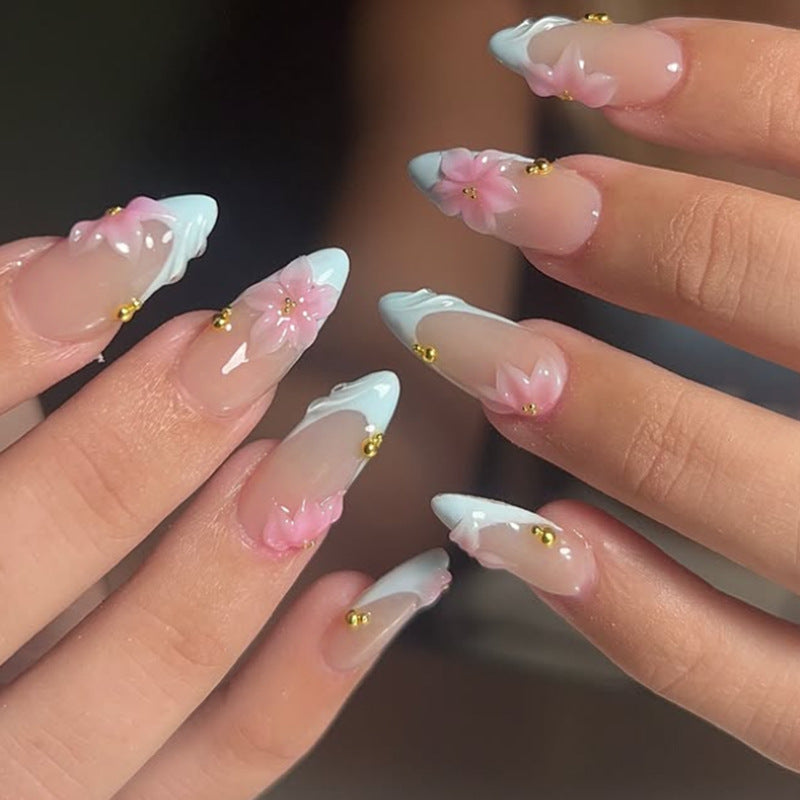 Whimsical Spring Medium Almond Beige with Floral Accents Press On Nail Set