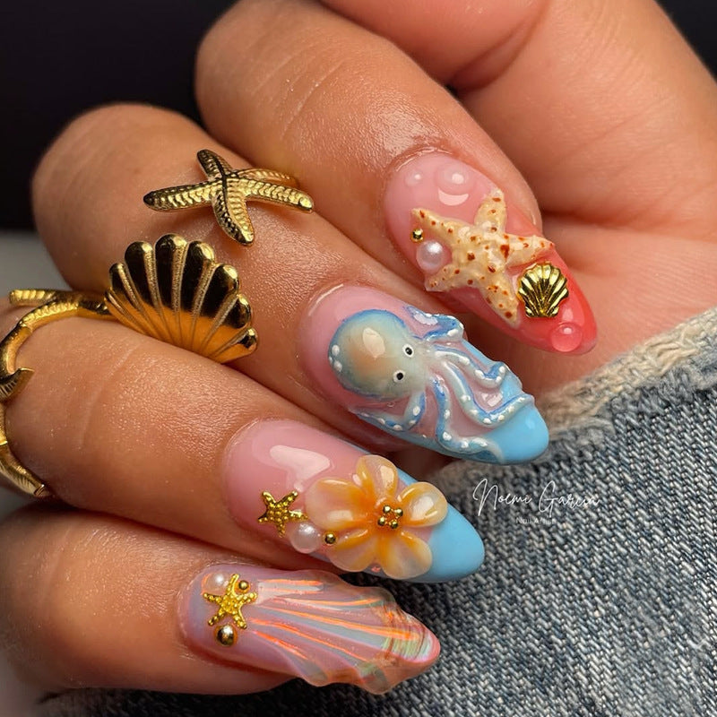 Underwater Paradise Medium Almond Blue with Ocean Themed Art and Pearl Accents