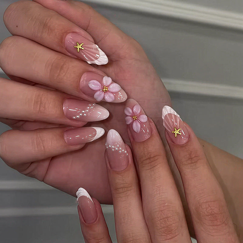 Floral Delights Long Almond Pink Press On Nail Set with Elegant Flower Accents