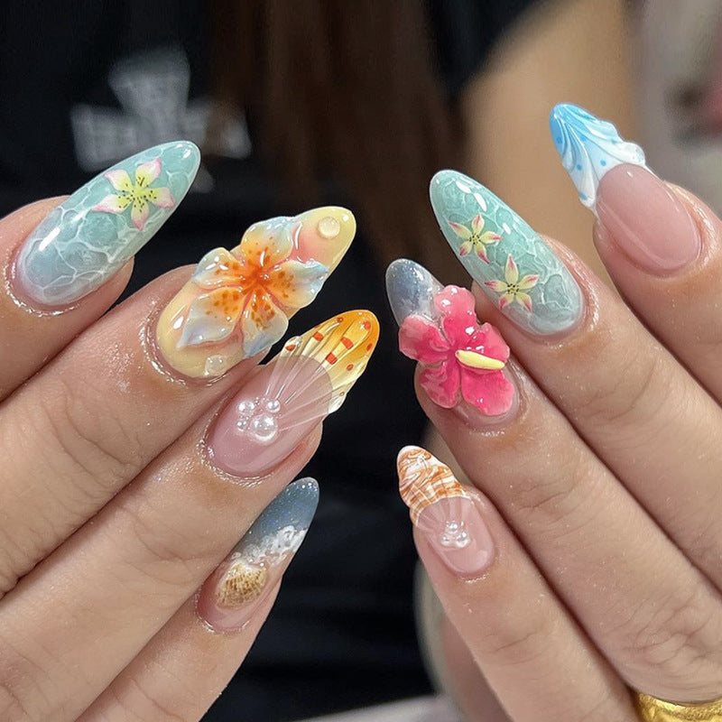 Tropical Bliss Medium Almond Aqua and Floral Art Press On Nail Set