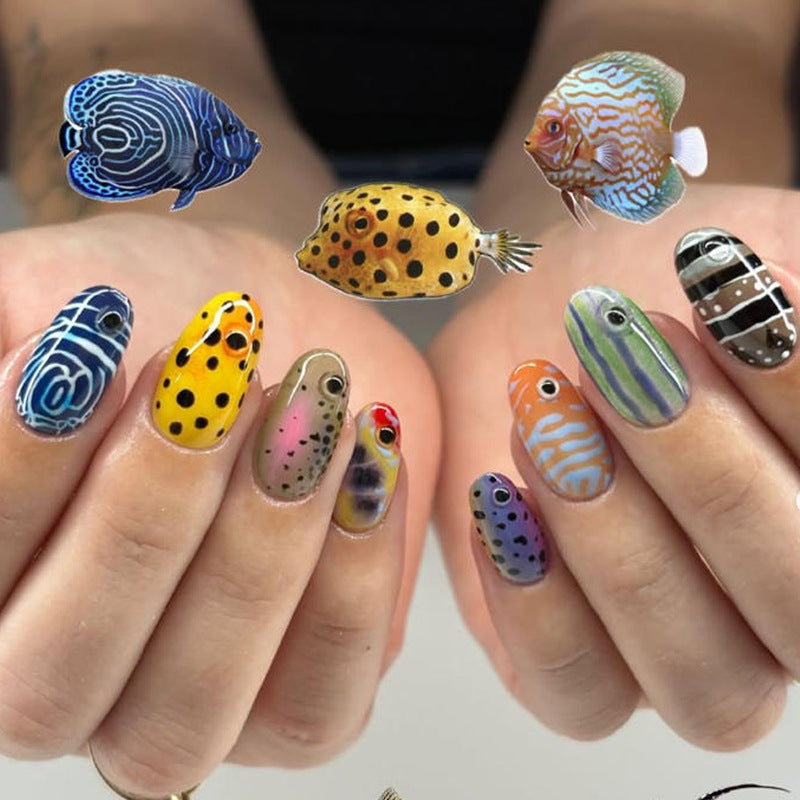 Underwater Adventure Medium Round Multi-Colored Fish Design Press On Nail Set
