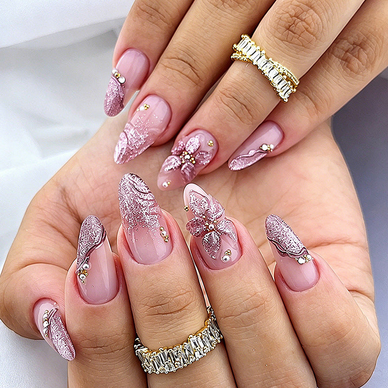 Enchanted Garden Medium Almond Pink Floral Press On Nail Set with Glitter Accents