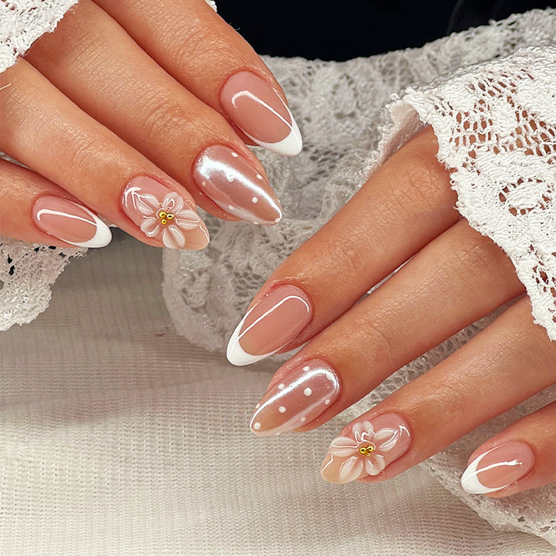 Chic Floral Fantasy Medium Almond Beige with Elegant White Tips and Floral Accents Nail Set