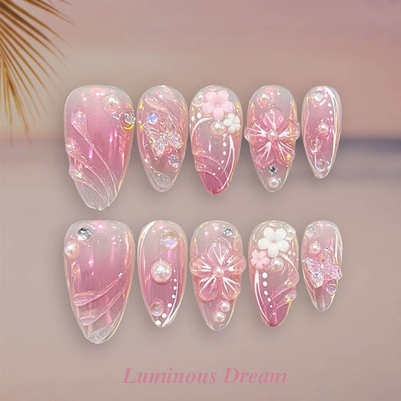 Luminous Dream Medium Almond Pink Floral Press On Nail Set with Sparkling Accents