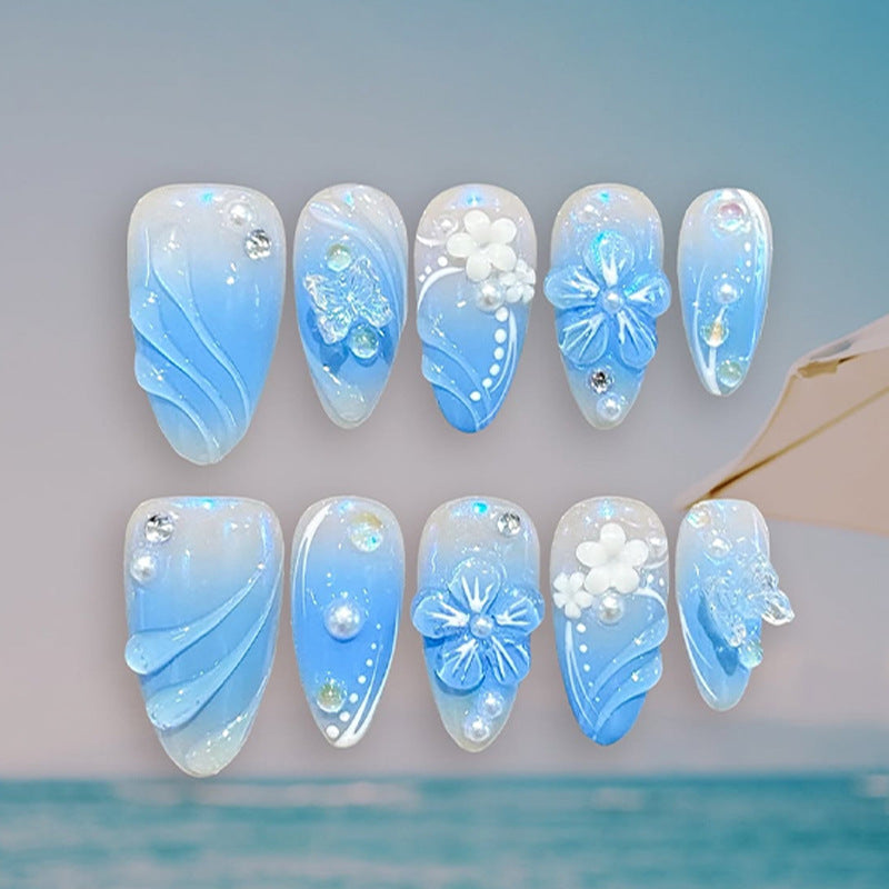 Ocean Breeze Medium Almond Sky Blue Press On Nail Set with Floral Accents