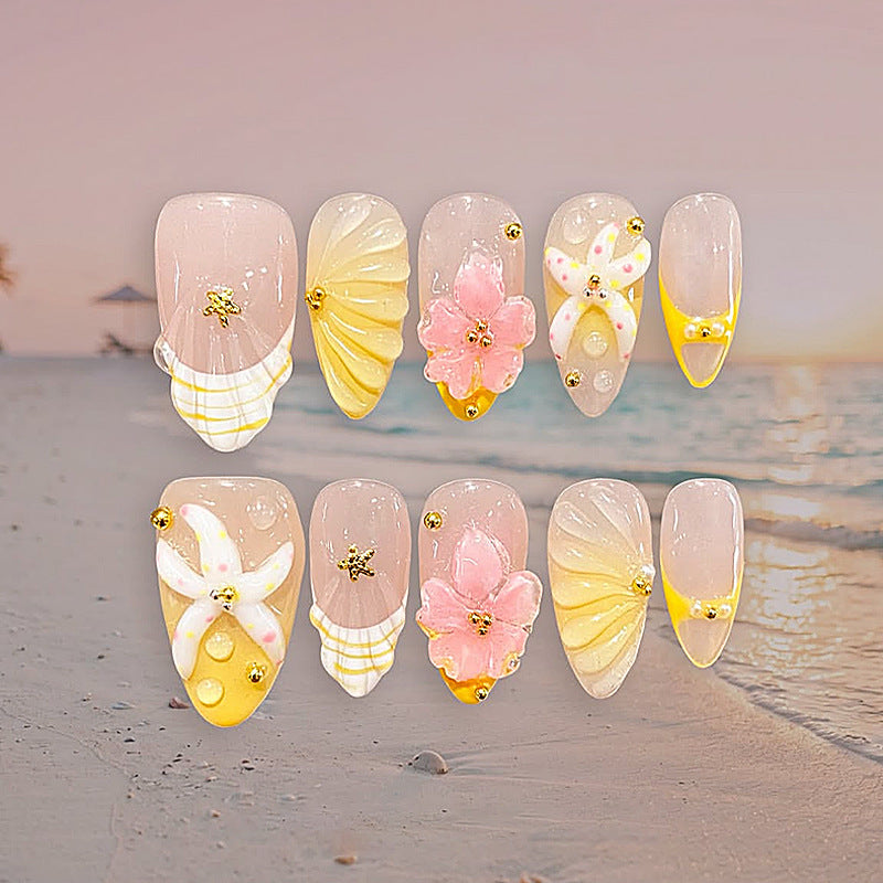 Beachy Bliss Medium Almond Translucent Nails with Floral and Seashell Accents