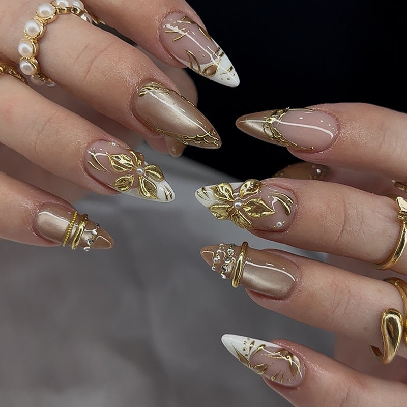 Elegance in Bloom Medium Almond Beige and White Press On Nail Set with Golden Floral Accents