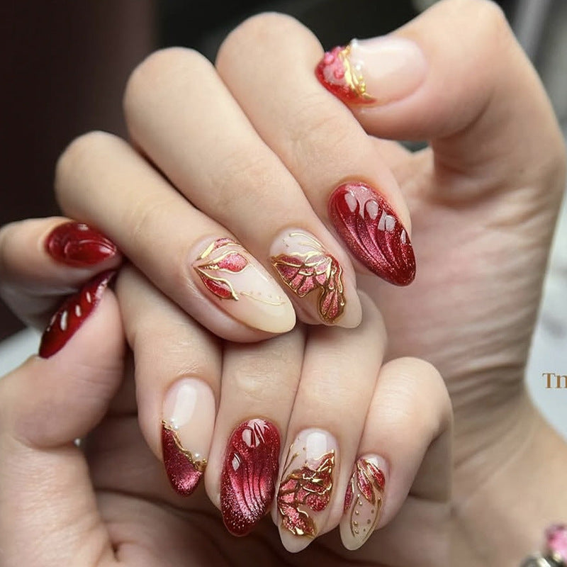 Elegant Floral Fantasy Medium Almond Burgundy Glitter Design Press-On Nail Set