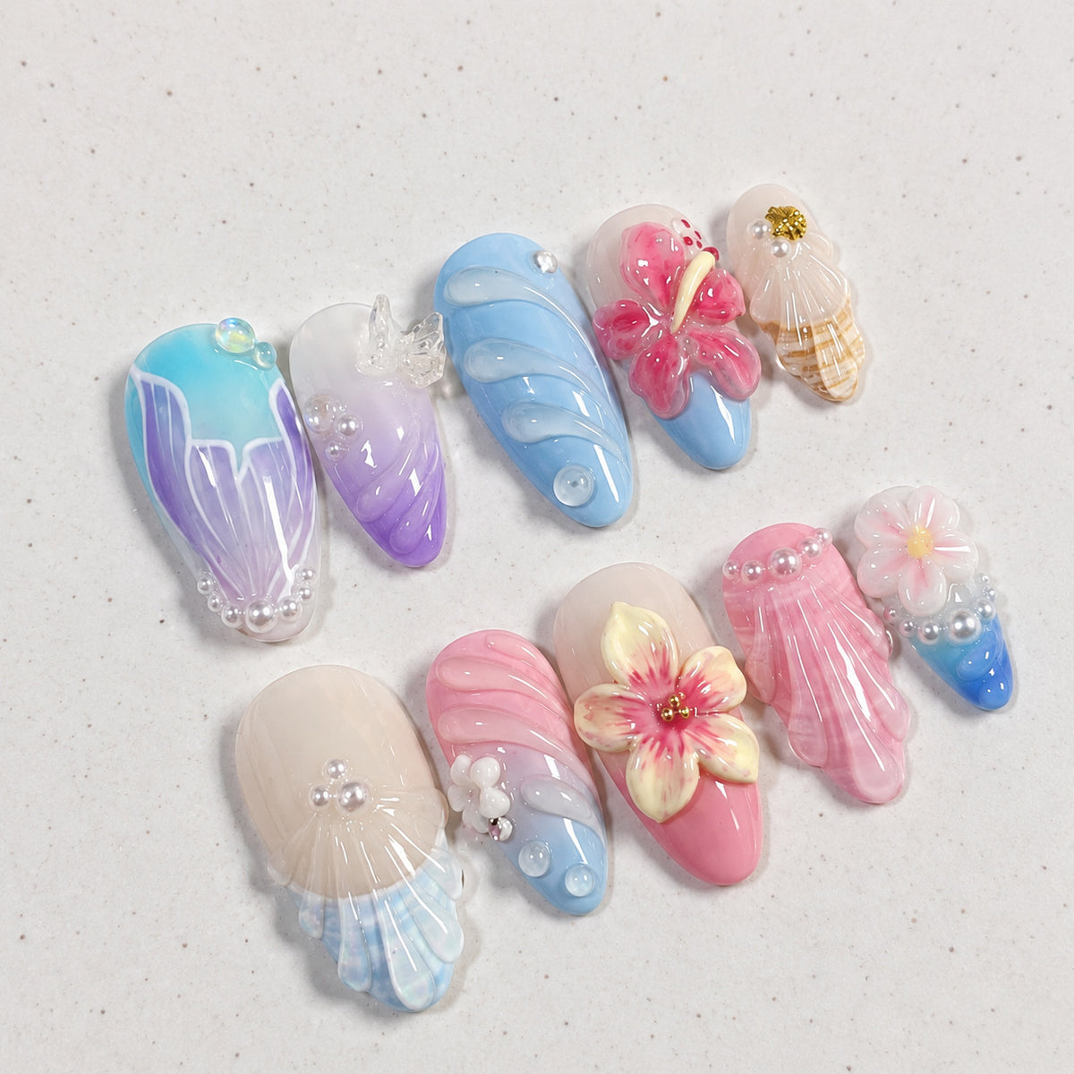 Tropical Ocean Inspired Long Almond Colorful Floral Press On Nail Set