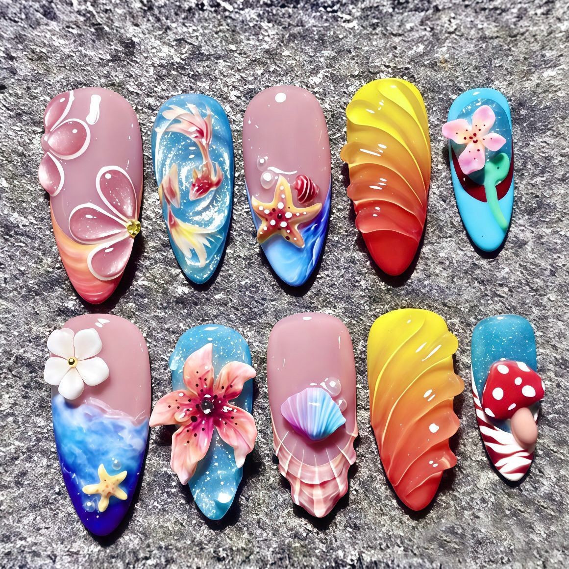 Tropical Vibes Medium Almond Pink and Blue Beach-Themed Press On Nail Set with Floral Accents
