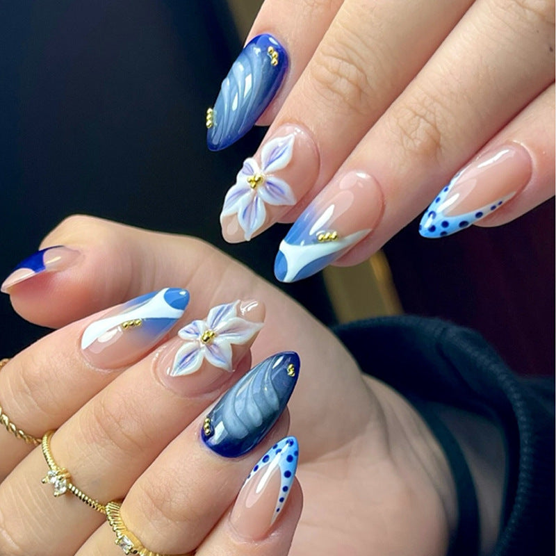 Elegant Ocean Dream Medium Almond Blue Floral Accents Press-On Nail Set