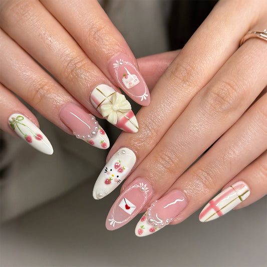 Charming Floral Design Long Almond Pink and White Elegant Bow and Gift Details Press On Nail Set