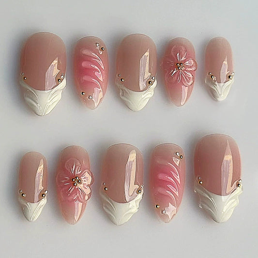 Blossoming Elegance Medium Almond Pink Press On Nail Set with Floral and Gem Accents
