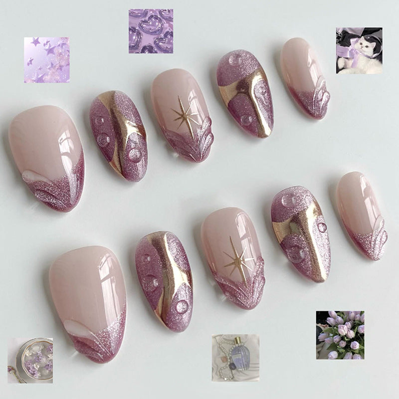 Whimsical Enchantment Medium Almond Blush Pink with Glittering Gem Accents Press On Nail Set