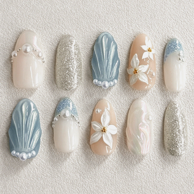 Charming Floral Fantasy Short Almond Blue and Silver Glitter Nail Set