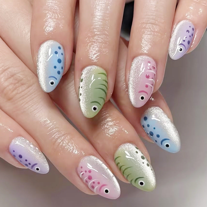Whimsical Aquatic Short Almond Multi-Colored Shimmering Fish Design Press On Nail Set