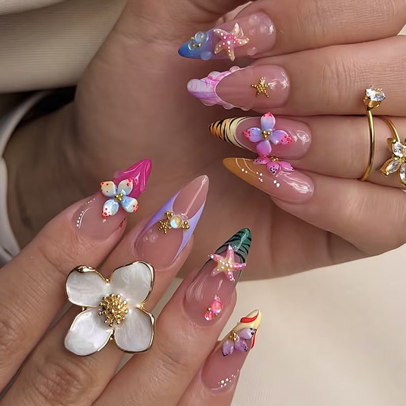 Beach Vibes Medium Almond Colorful Floral Nail Set