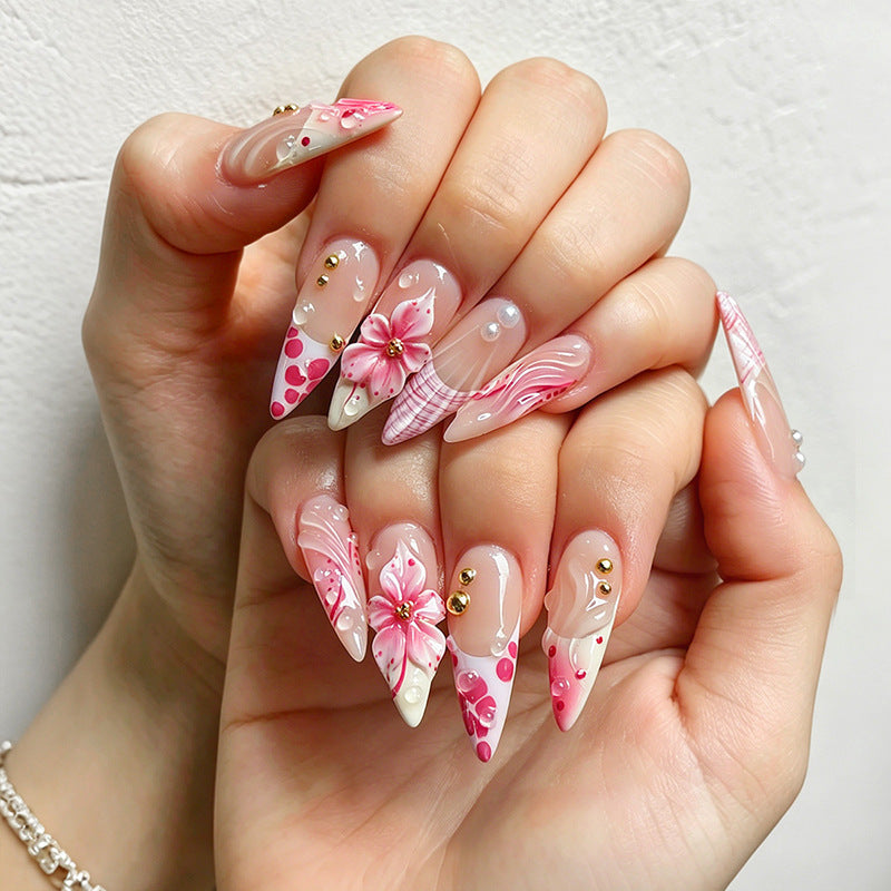 Blossom Dreams Medium Almond Pink Floral Design Press On Nail Set