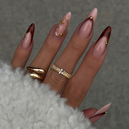 Chic Elegance Long Almond Blush Pink with Unique Golden Accent Press On Nail Set
