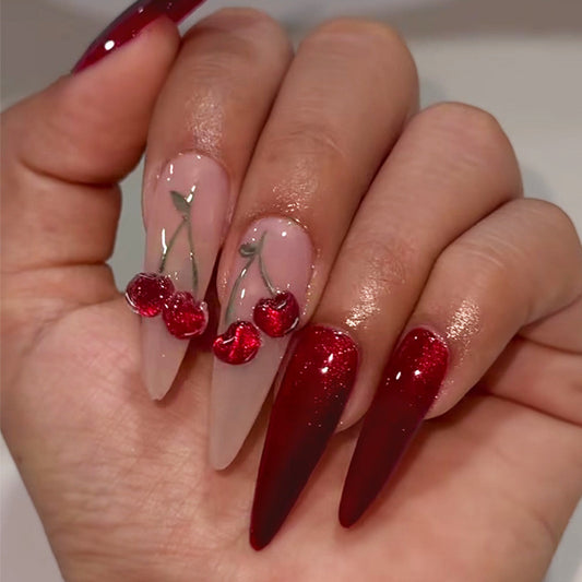 Cherry Blossom Inspired Long Almond Nails in Deep Red with Glittery Cherry Details