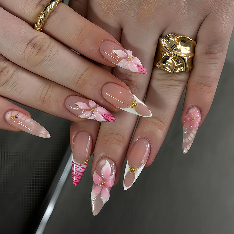 Blossoming Elegance Long Almond Pink Floral Design Press On Nail Set