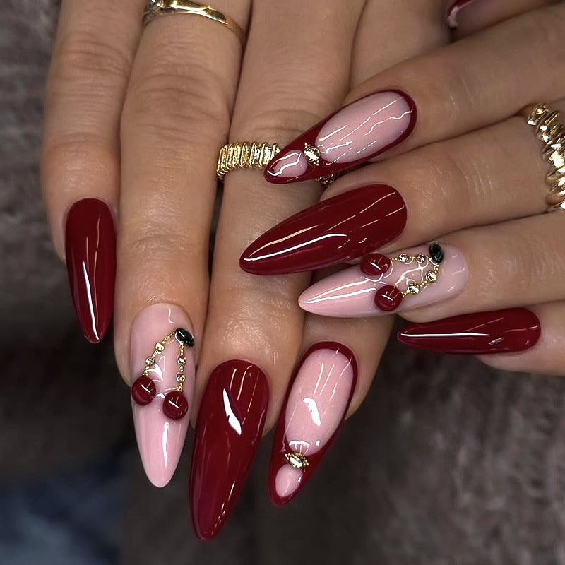 Cherry Blossom Elegance Long Almond Burgundy and Pink Press-On Nail Set with Unique Decorative Accents