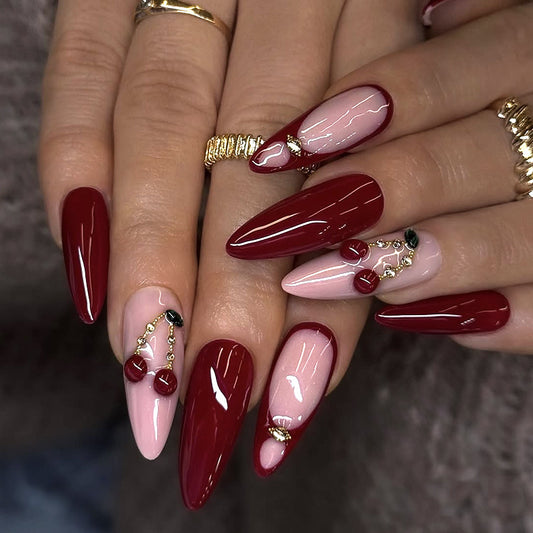 Cherry Blossom Elegance Long Almond Burgundy and Pink Press-On Nail Set with Unique Decorative Accents