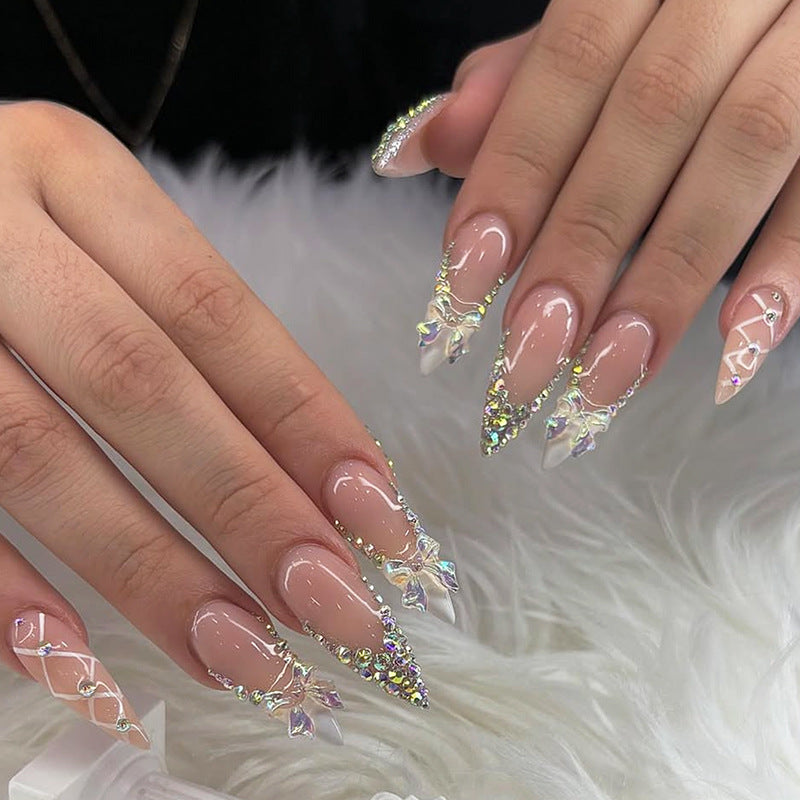 Enchanted Elegance Long Almond Transparent with Sparkling Rhinestones Nail Set