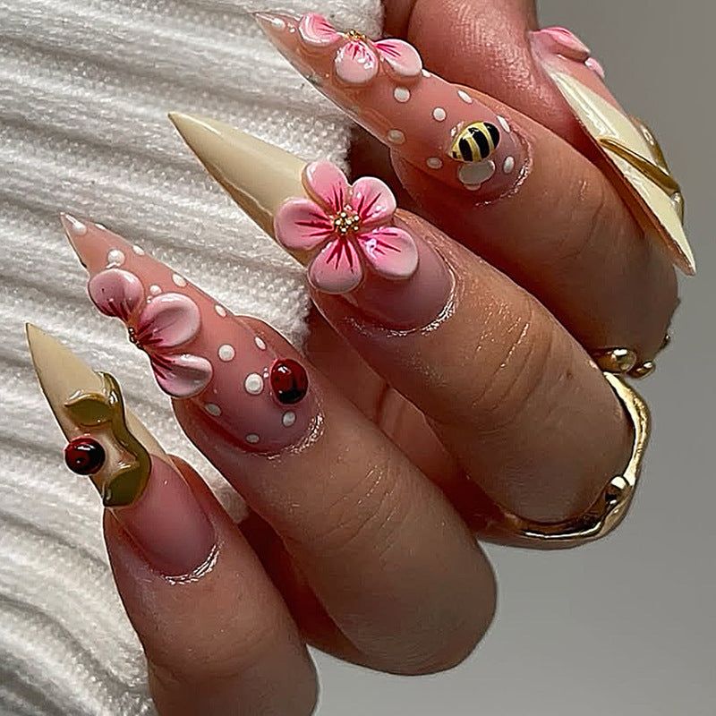 Floral Fantasy Medium Stiletto Pink Press On Nail Set with Charming Decor